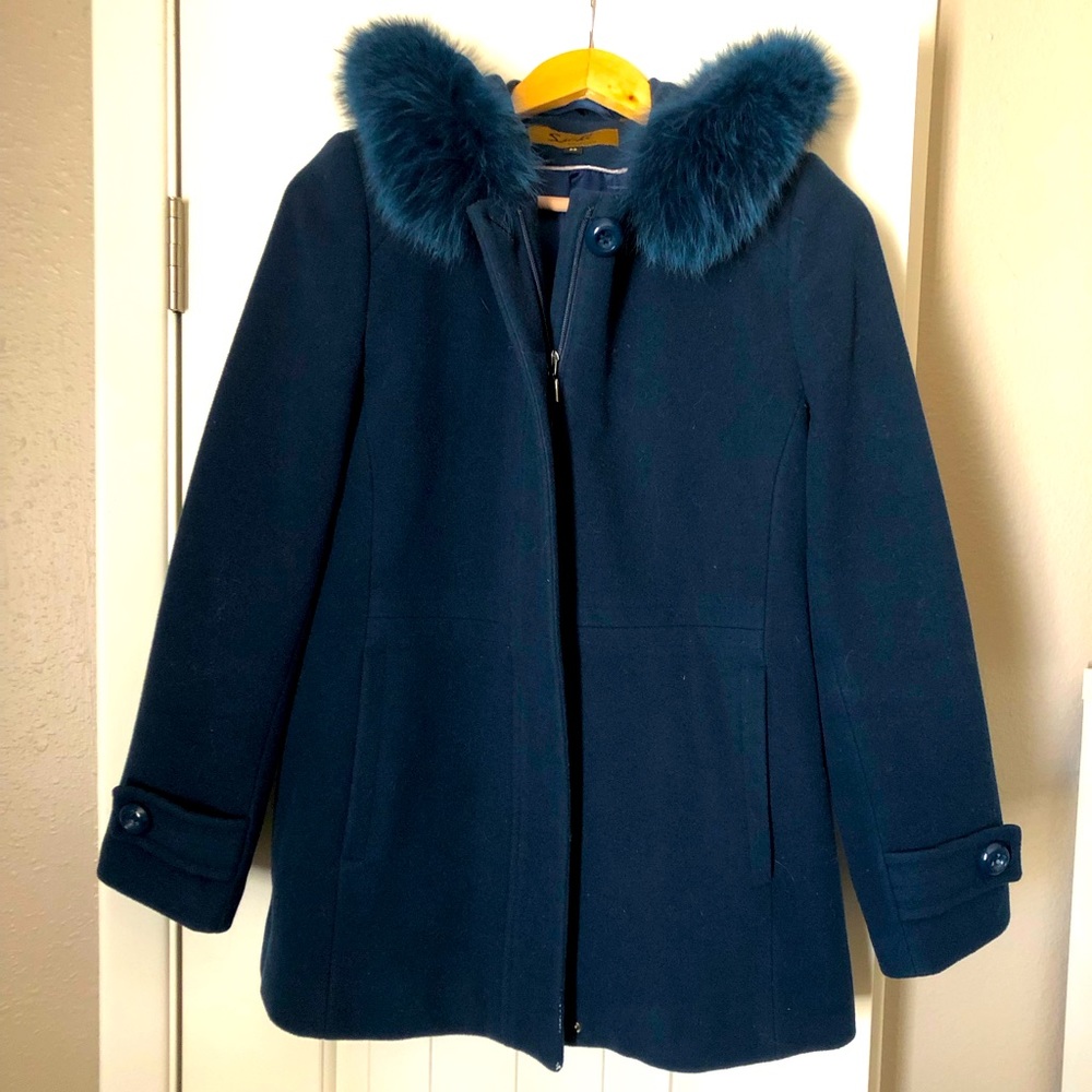 Gorgeous Blue Merino Wool Coat with Dyed Fox Hood